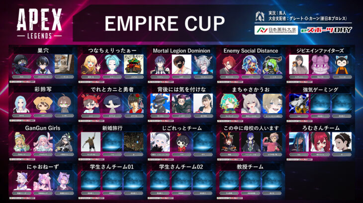 【APEX】グレート-O-カーンのEMPIRE CUP参加者一覧（日本薬科大学eスポーツDAY）