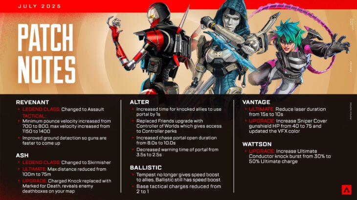 【APEX】パッチノート：アッシュがクラス変更、バリスティック＆オルター弱体化、ワットソン＆ヴァンテージ＆レヴ強化